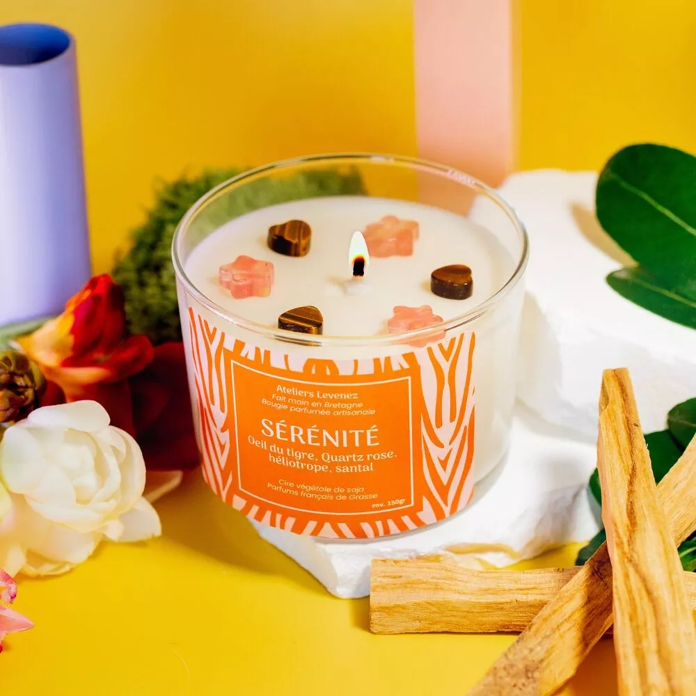 Bougie parfumée Héliotrope Santal + pierres naturelles
