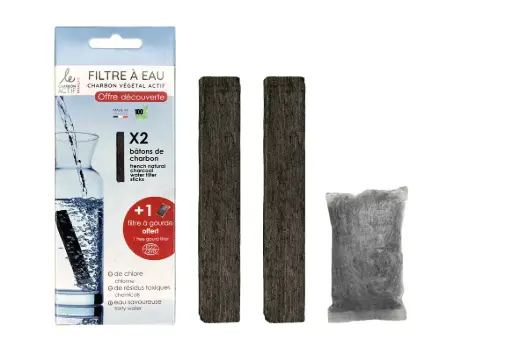 Lot de 3 filtres à eau : 2 bâtons filtrants de charbon végétal français + 1 filtre à gourde offert